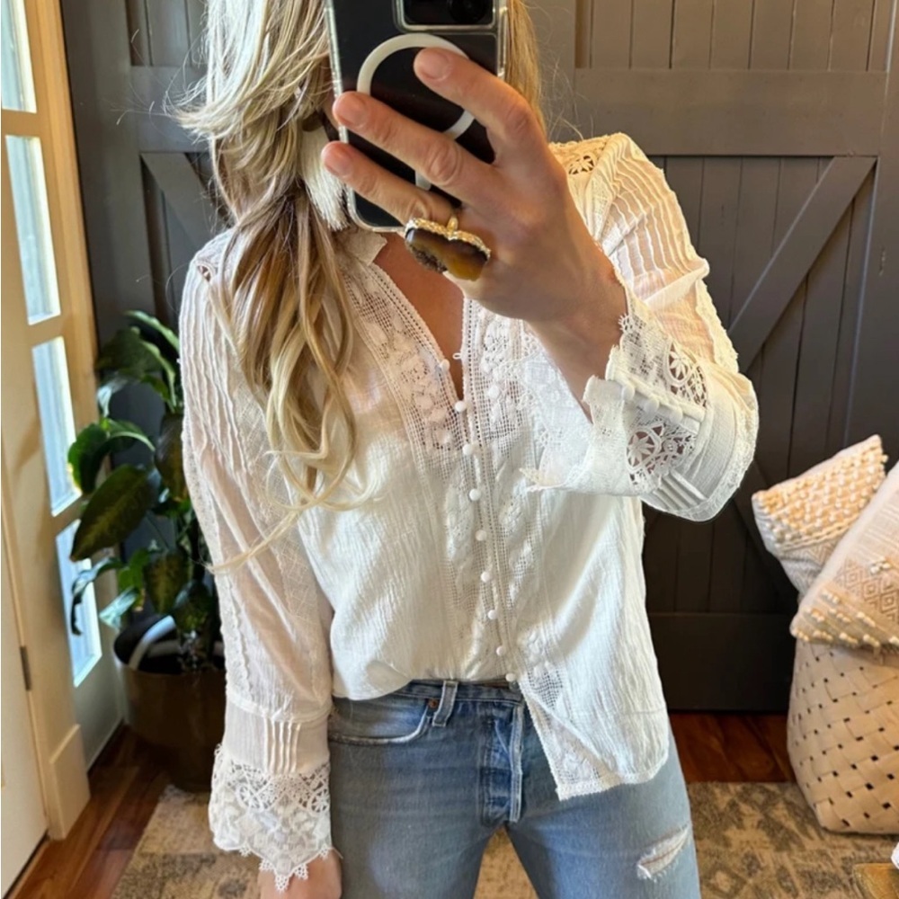 New White Lace Inset 3/4 Sleeve Button Front Blouse Top Women's Top Boho